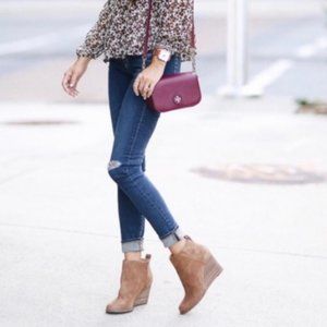 Lucky Brand Yezzah Cognac Brown Suede Wedge Ankle Booties 6